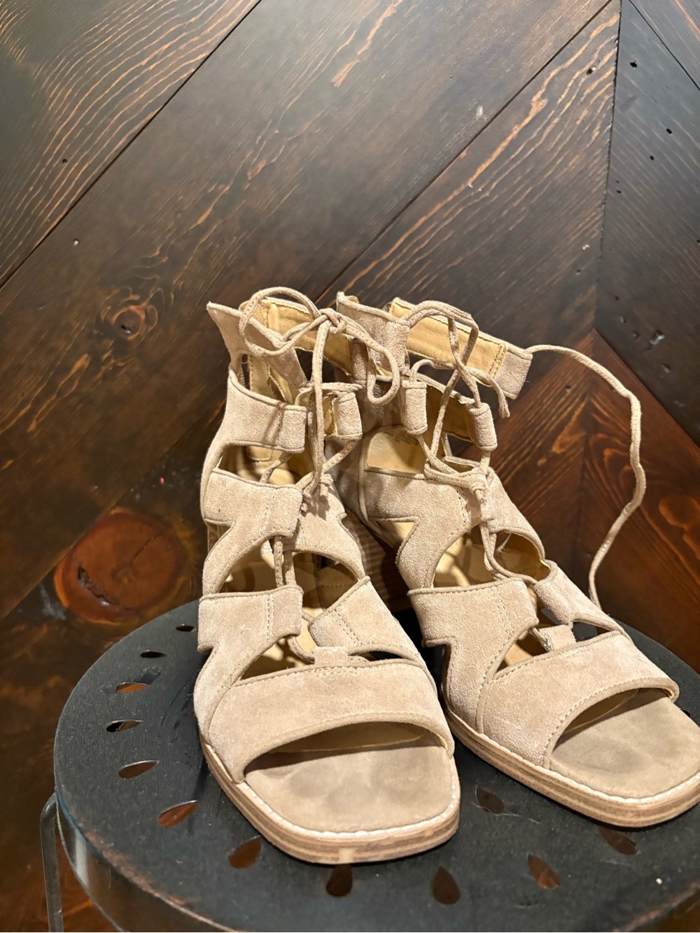 Crown Vintage Beige Suede Lace-Up Gladiator Heels
